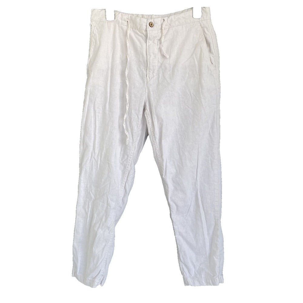 Zara Womens Linen Pants S 32x26 Cotton Dress Trouser Ivory Summer Pockets Tie